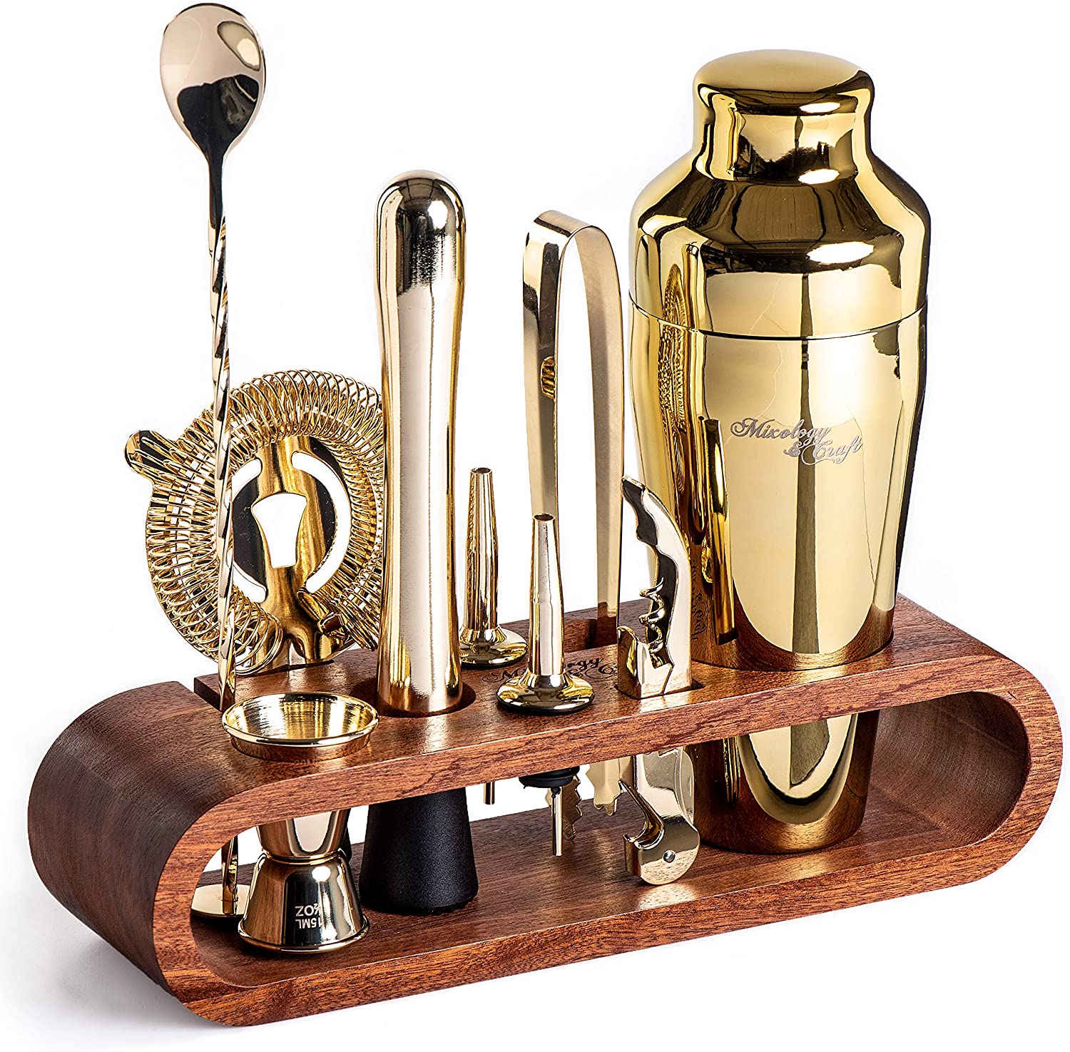 Mixology & Craft Store Bar Set with Stylish Mahogany Stand