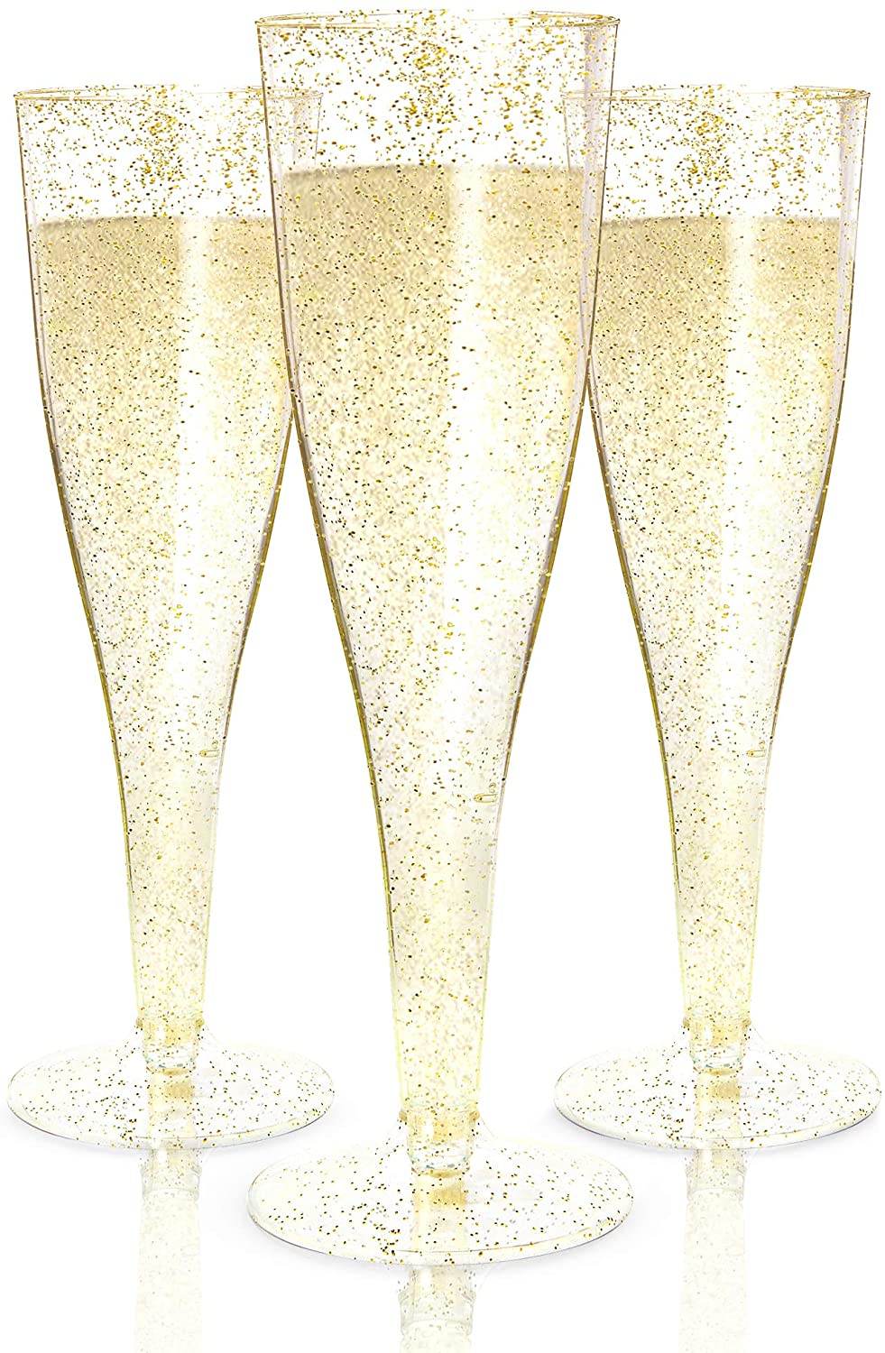 Prestee 24 Plastic Champagne Flutes Disposable Gold Glitter Plastic Champagne Glasses